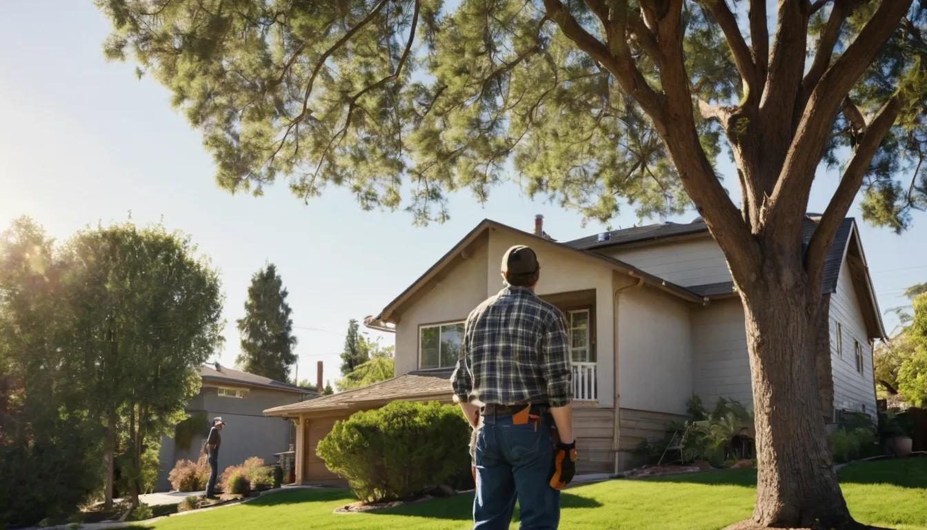 A homeowner and a tree provider looking up at a large backyard tree in Orange